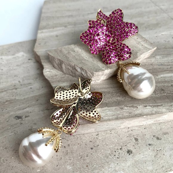 NEW ~ Anthropologie Made by Maddie Pink Travona Floral Pave Crystal & Pearl E… - Picture 4 of 16